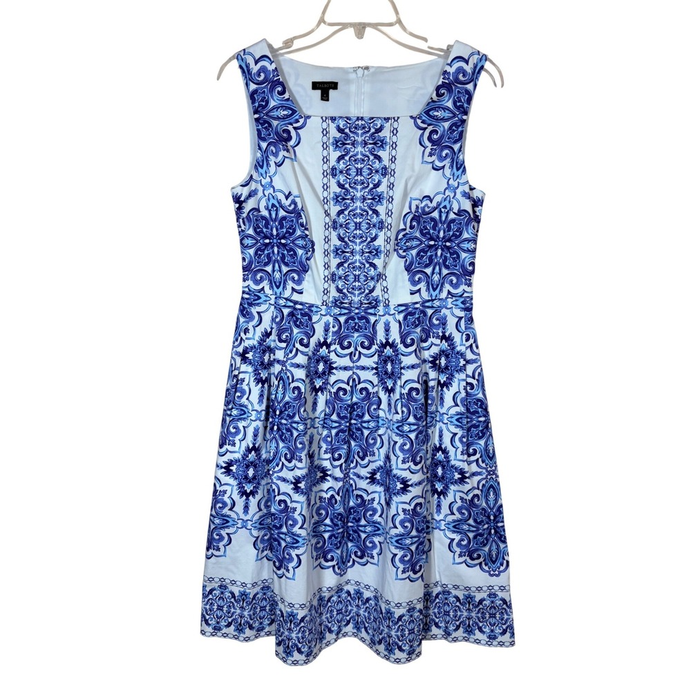 Talbots‎ Womens Dress Blue White Tile Print Fit Flare Square Neck Size 4